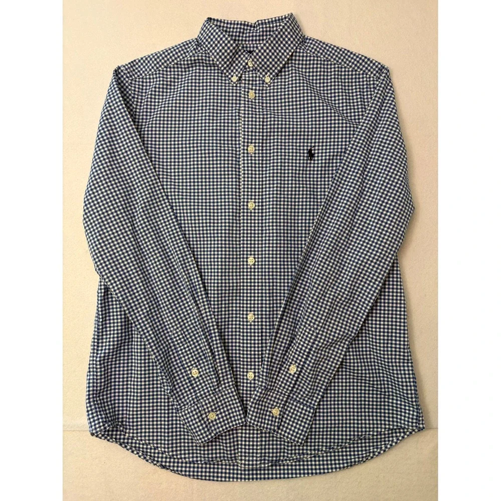 Ralph Lauren Boys XL 18-20 Blue Gingham Natural Stretch Button Down Shirt Pony